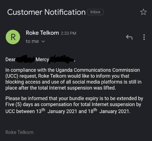 email from Roke Telecom to customer