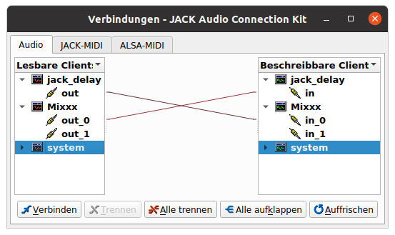 Jack patch field showing the jack_iodelay Mixxx loop